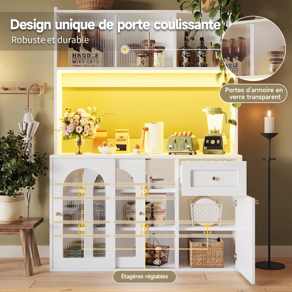 Credenza da cucina con ripiani regolabili e LED, ante scorrevoli in vetro e cassetti, bianca, 120 × 35 × 167 cm