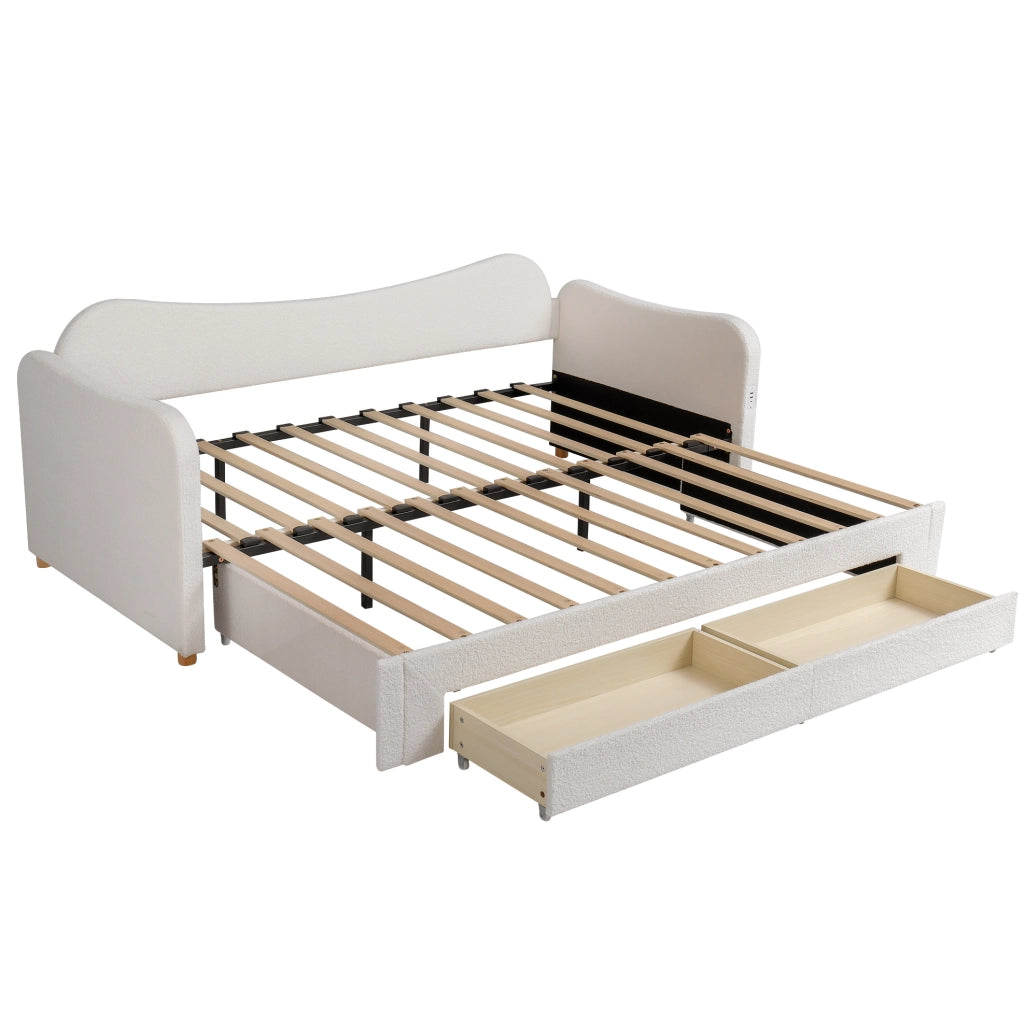 Letto imbottito estensibile con 2 cassetti, 90x200 cm, colore beige bouclé, con porta USB