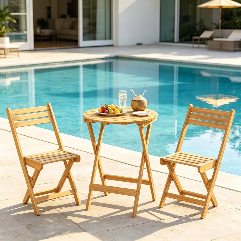 Set mobili da giardino in legno di acacia con tavolo pieghevole Ø 60 cm e 2 sedie