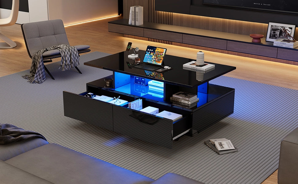 Tavolino moderno lucido 90x55x41 cm con illuminazione LED e 2 cassetti, portata 30 kg