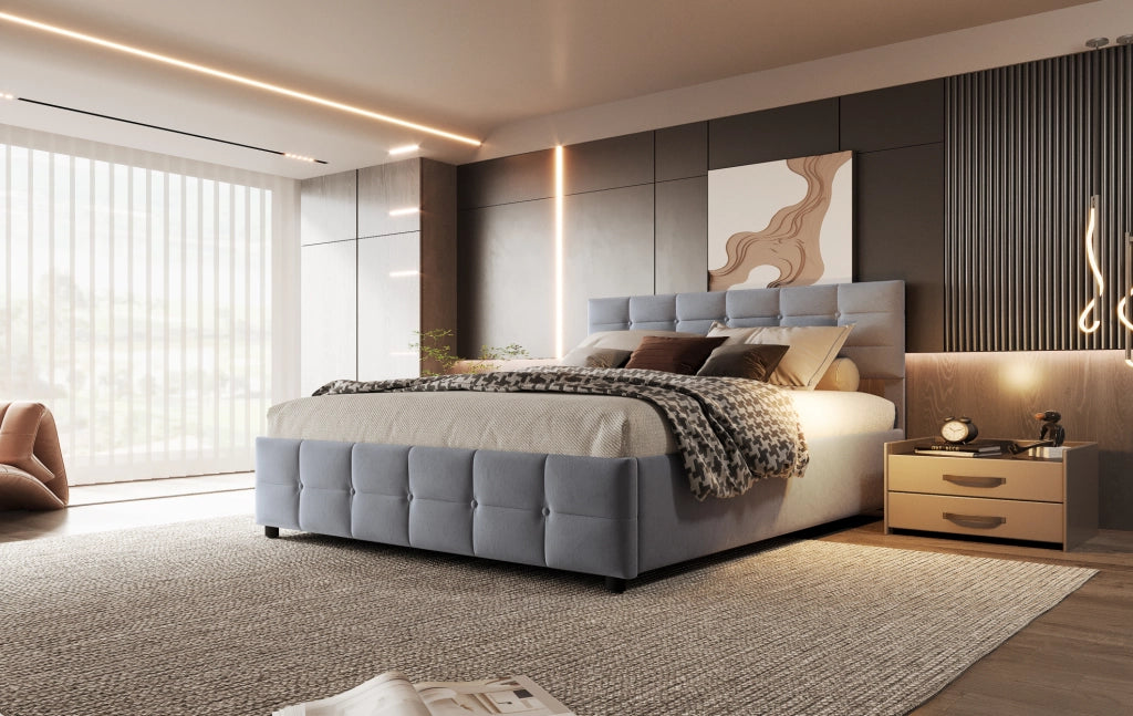 Letto imbottito 180x200 cm con rete a doghe e sollevamento idraulico, rivestimento in velluto olandese grigio