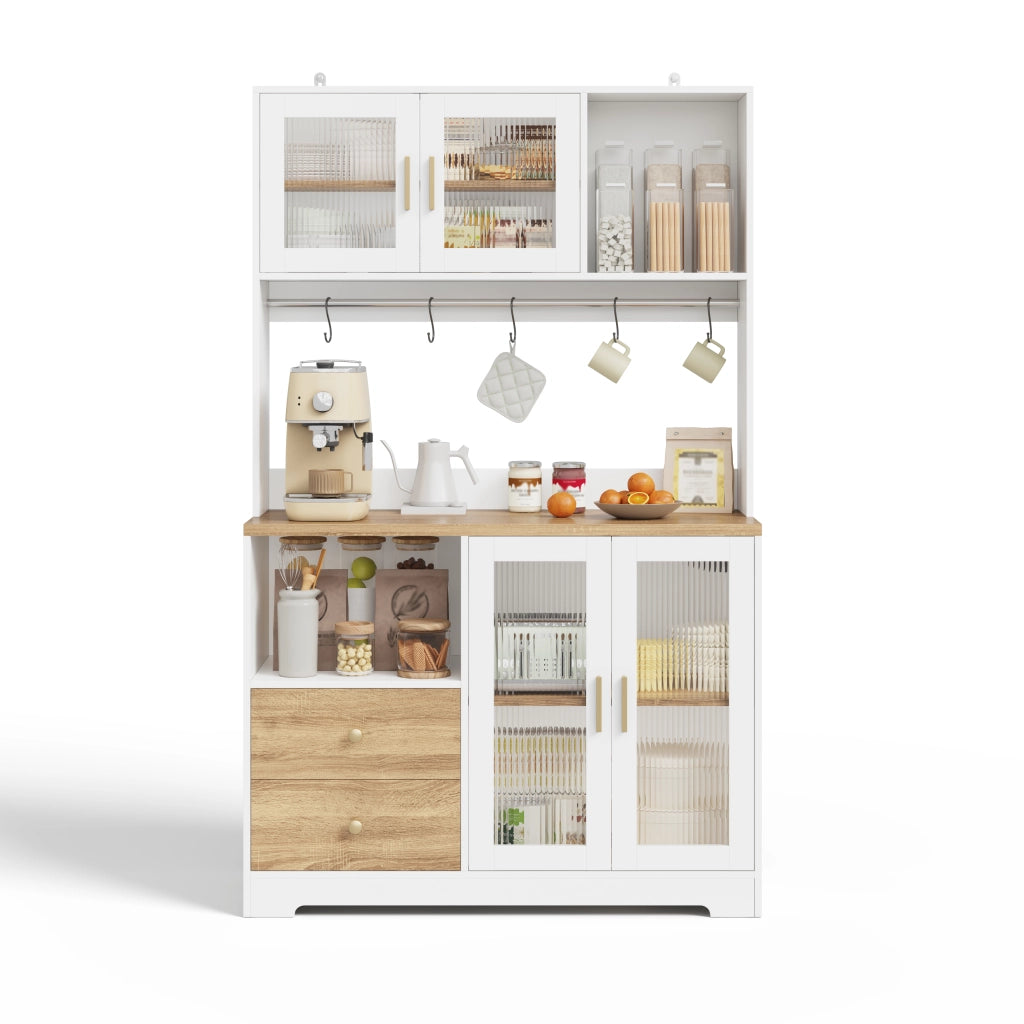 Colonna da cucina LED con 4 ante in vetro, ripiani regolabili e prese, MDF bianco e naturale, 110 × 40 × 178 cm