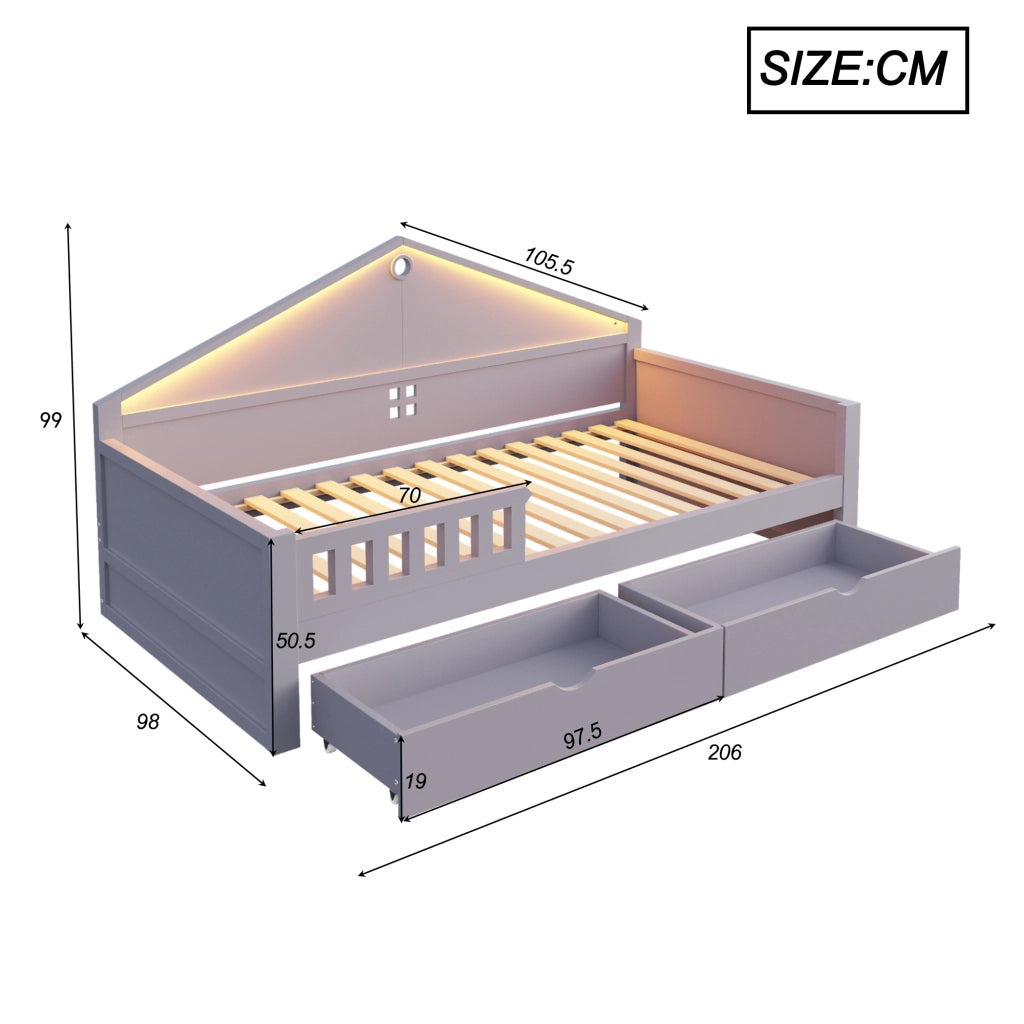Letto con cassetti 90 × 200 cm con due cassetti LED controllabile da smartphone in legno grigio