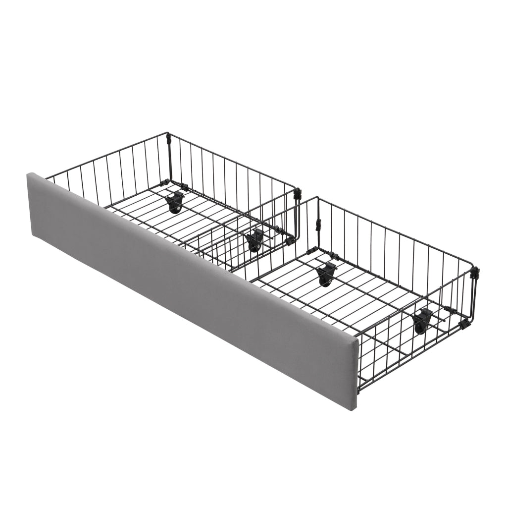 Letto imbottito con contenitore e cassetti in velluto grigio