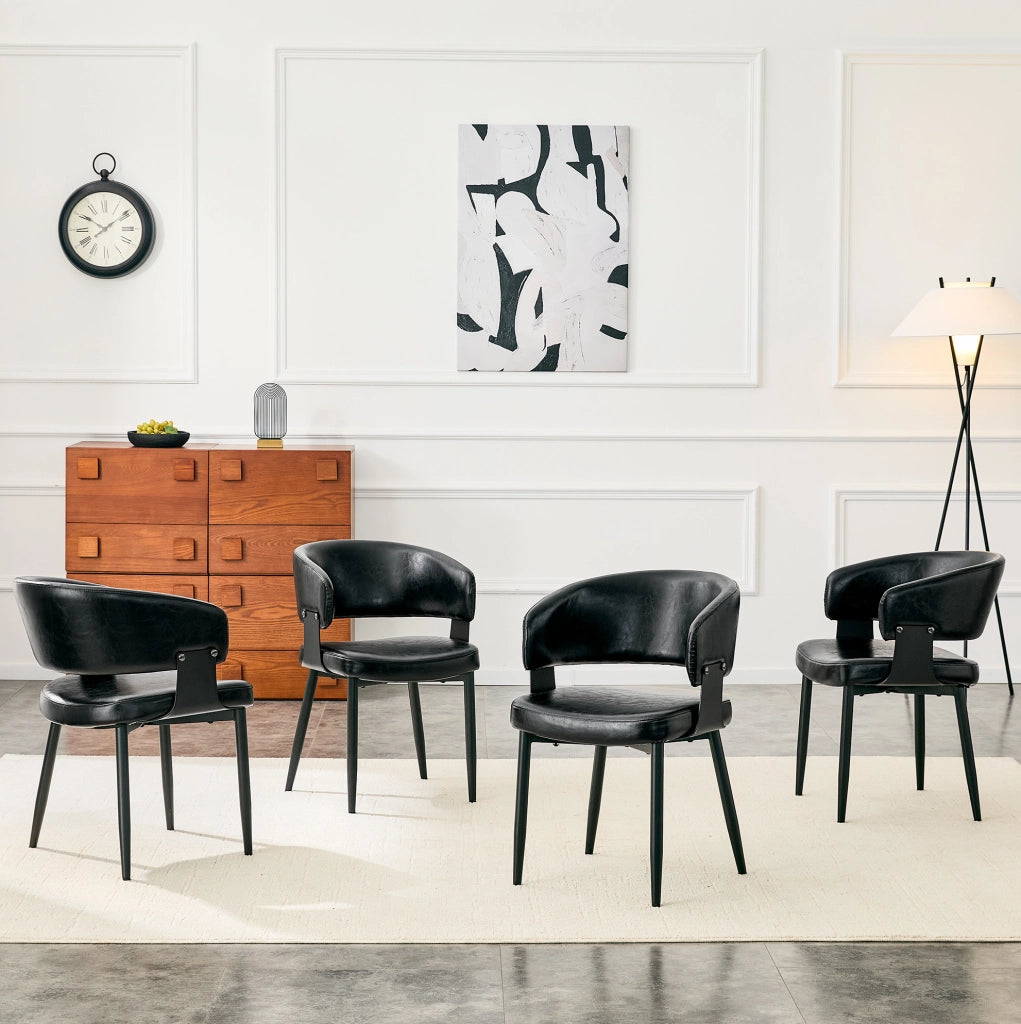 Sedia da pranzo con braccioli in PU nero e schienale decorato