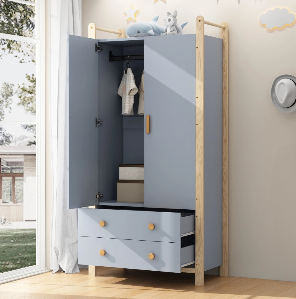 Armadio 2 ante blu con 2 cassetti e appendiabiti