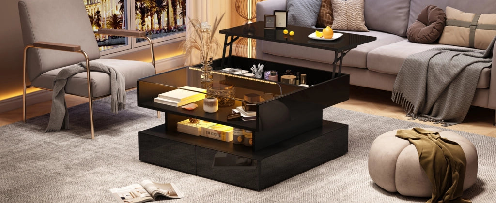Tavolino da salotto sollevabile quadrato 80x80 cm nero con LED