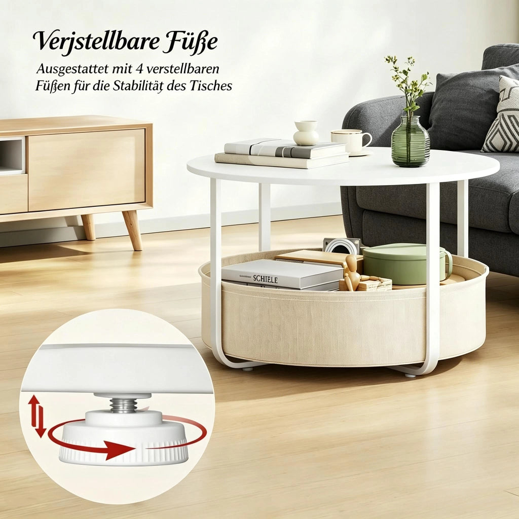 Tavolino basso fisso rotondo con cesto in tela rimovibile struttura in metallo beige e bianco Ø 80 × 50 cm