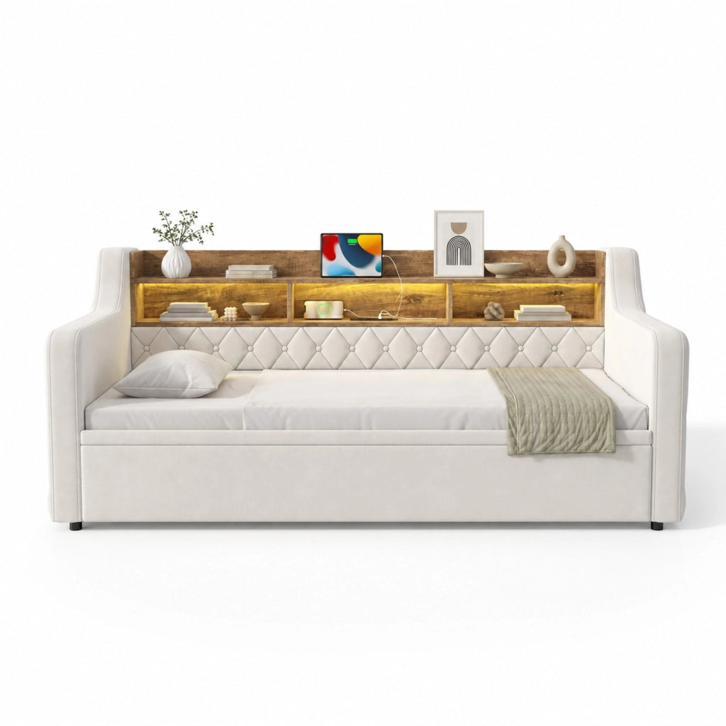 Divano letto 90x190 cm in velluto beige con contenitore in legno, illuminazione LED, prese USB e Type-C, rete a doghe e braccioli