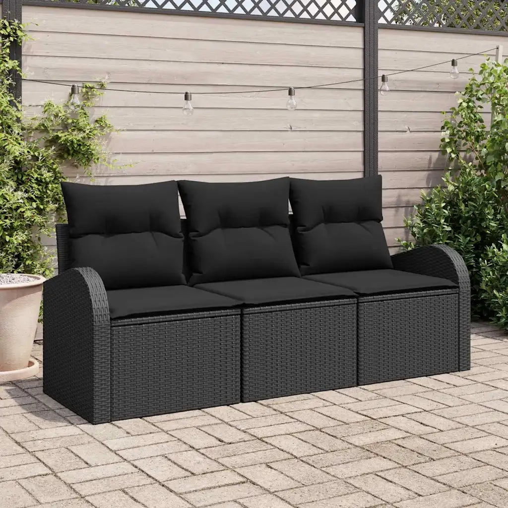 Set Divano da Giardino con cuscino 3 pcs Nero Poly Rattan