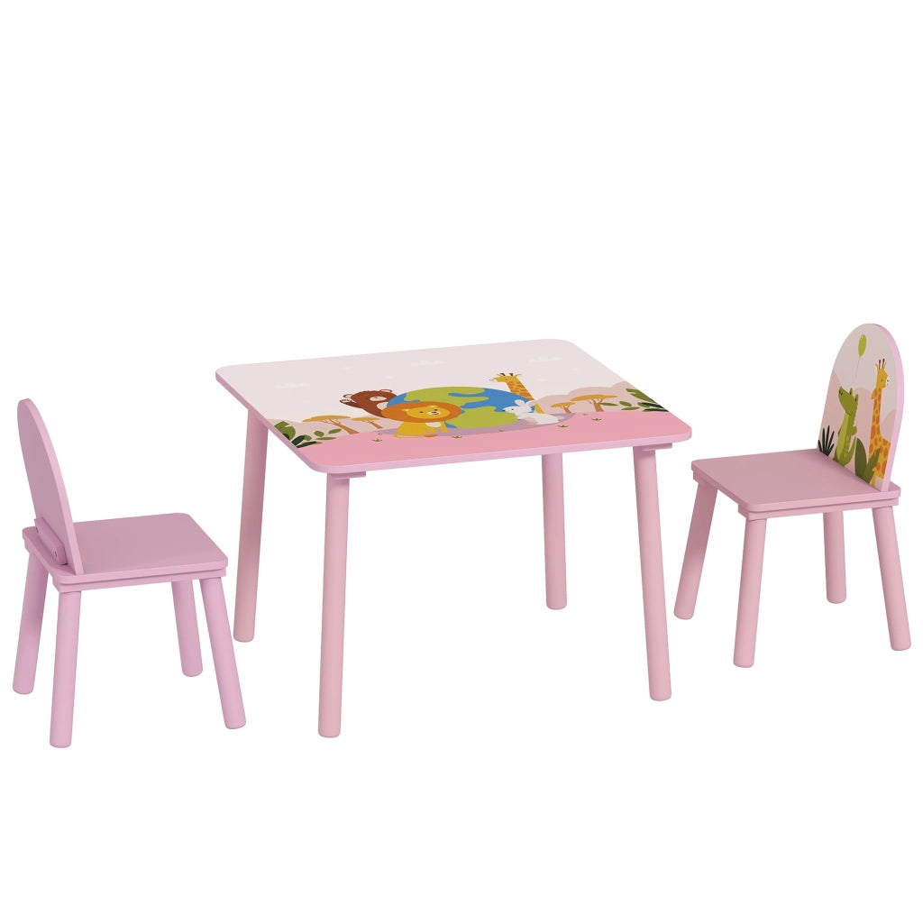 Set 3 Pezzi Tavolo e Sedie per Bambini 3-8 Anni in MDF e Legno di Pino Rosa con Motivi Animali Bordi Arrotondati Robusto Facile da Montare