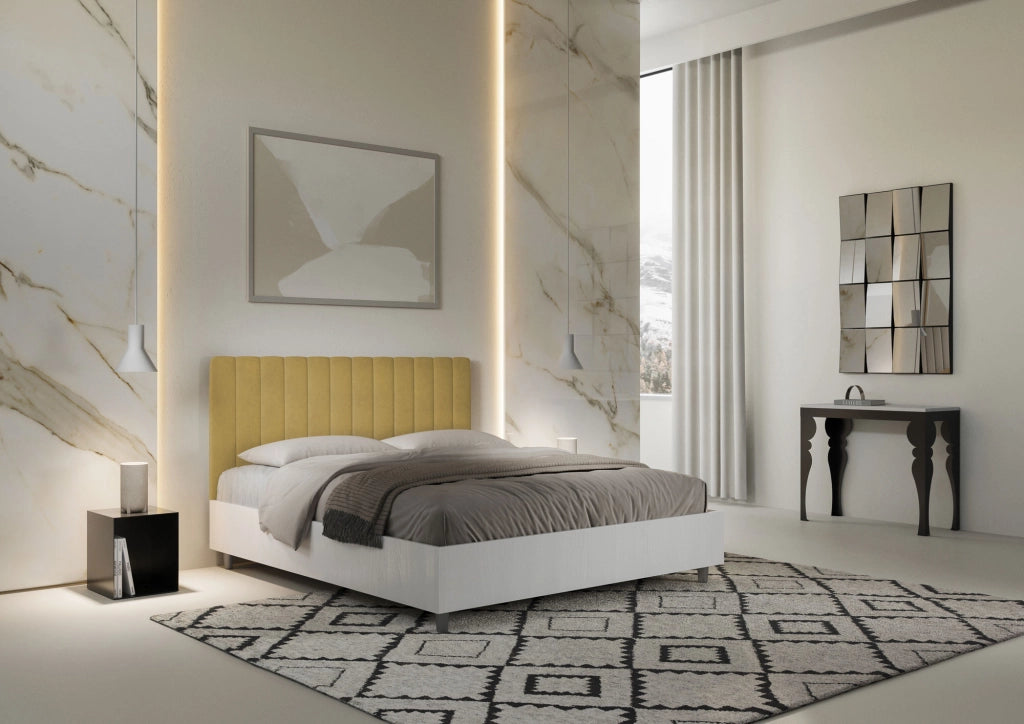 BS COM Letto matrimoniale contenitore 160x190 bianco frassino testata microfibra ocra