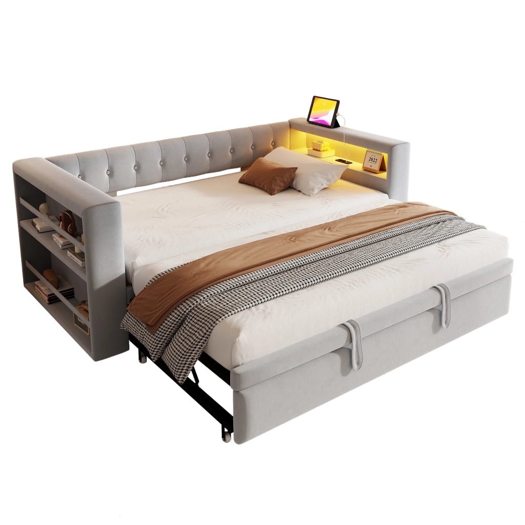 OKWISH Letto Divano 90×190 cm e 180×190 cm, Letto Singolo con LED Multicolore, Prese e Contenitori, senza Materasso, Grigio Chiaro
