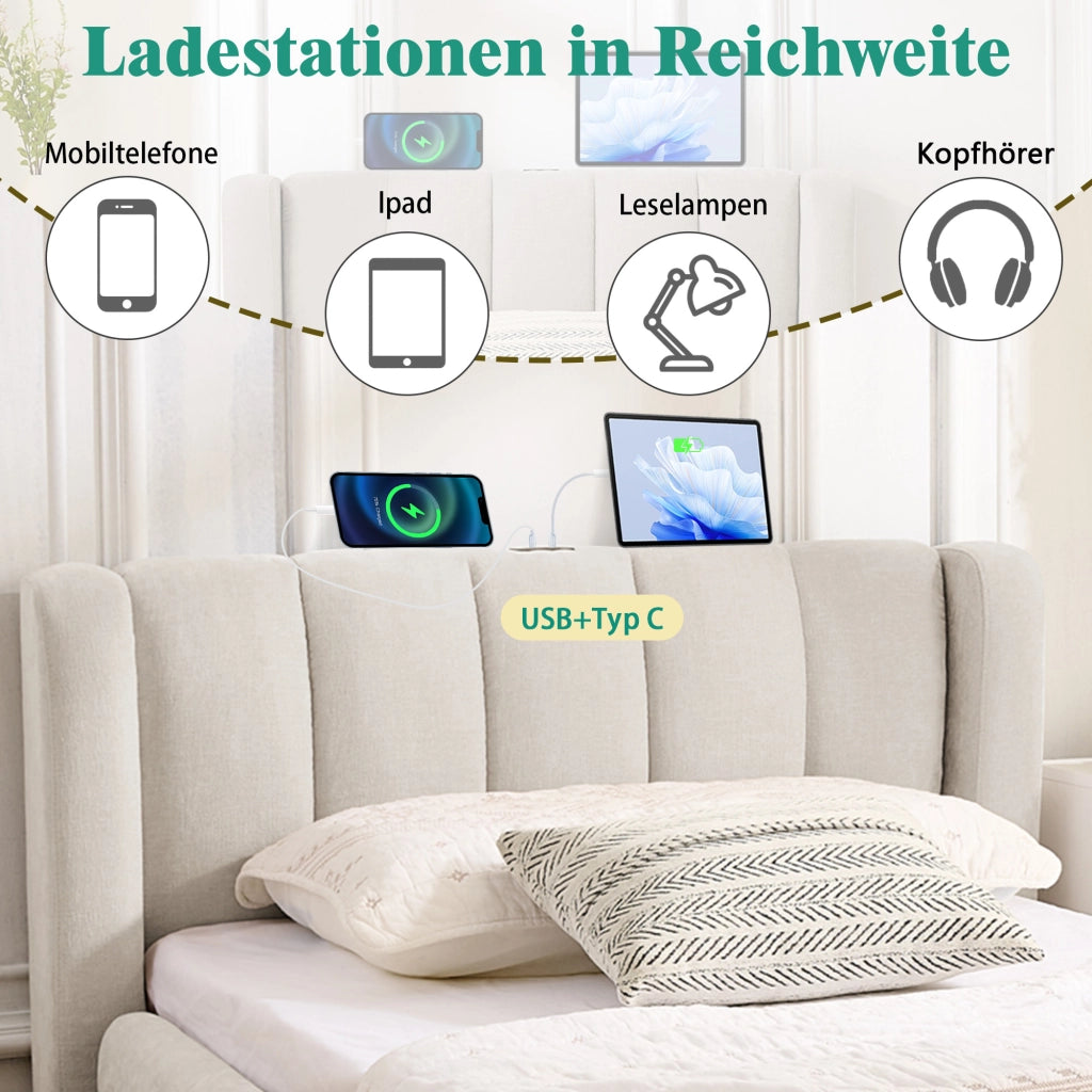 Letto Singolo 90x200 cm; 1 Posto - 2 Cassetti; USB e Type-C - Chenille - Beige