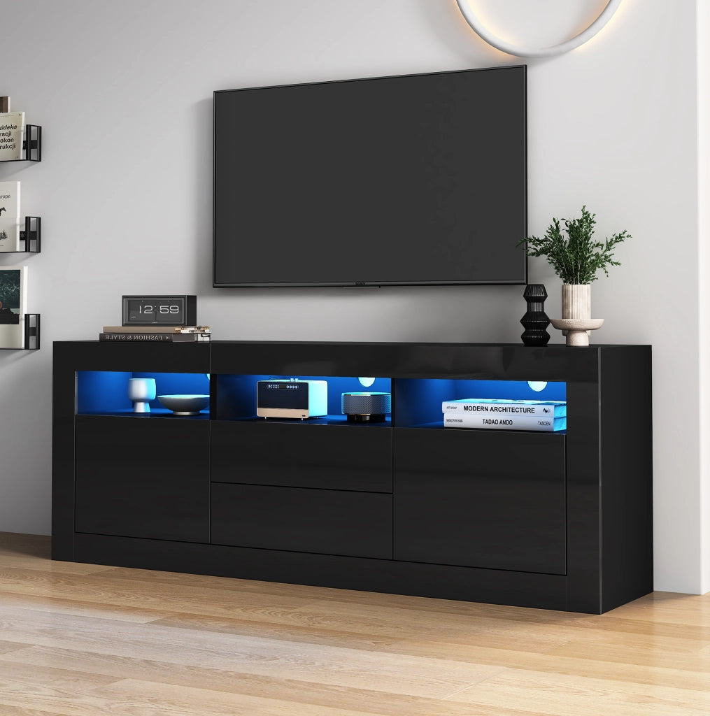 Mobile TV 160x35x60 cm con LED Bluetooth, 2 ante e 2 cassetti in truciolare nero