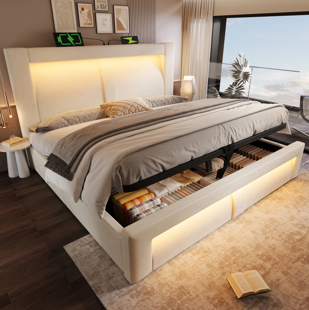 Letto matrimoniale contenitore 140x200 cm in velluto beige con LED e ricarica USB-C HOMVRA