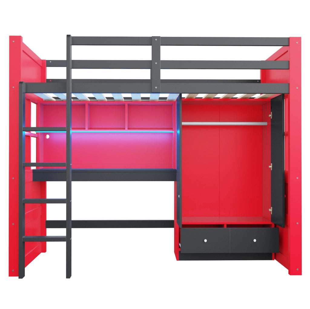 Letto a castello 90x200 cm in legno con armadio, scrivania, cassetti e scala, stile gaming nero e rosso