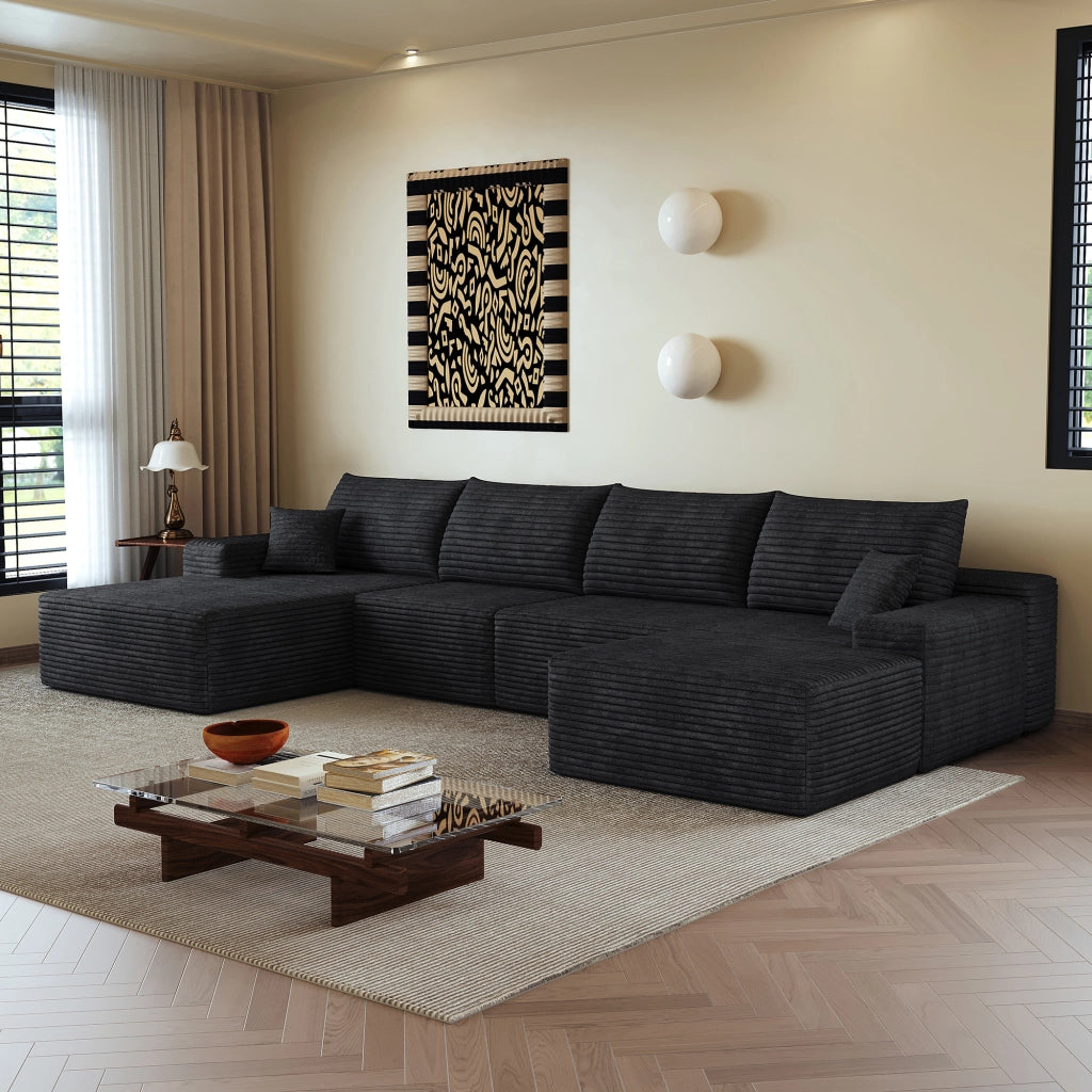 Divano angolare modulare con chaise longue e schiuma elastica in tessuto a coste nero