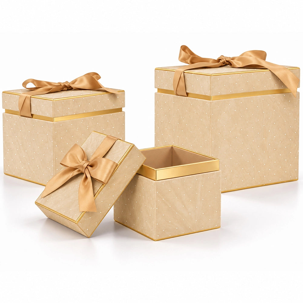 Set 3 Scatole Quadrate Decorazione Natalizia Champagne 16/20/25cm Scatola Fiocco