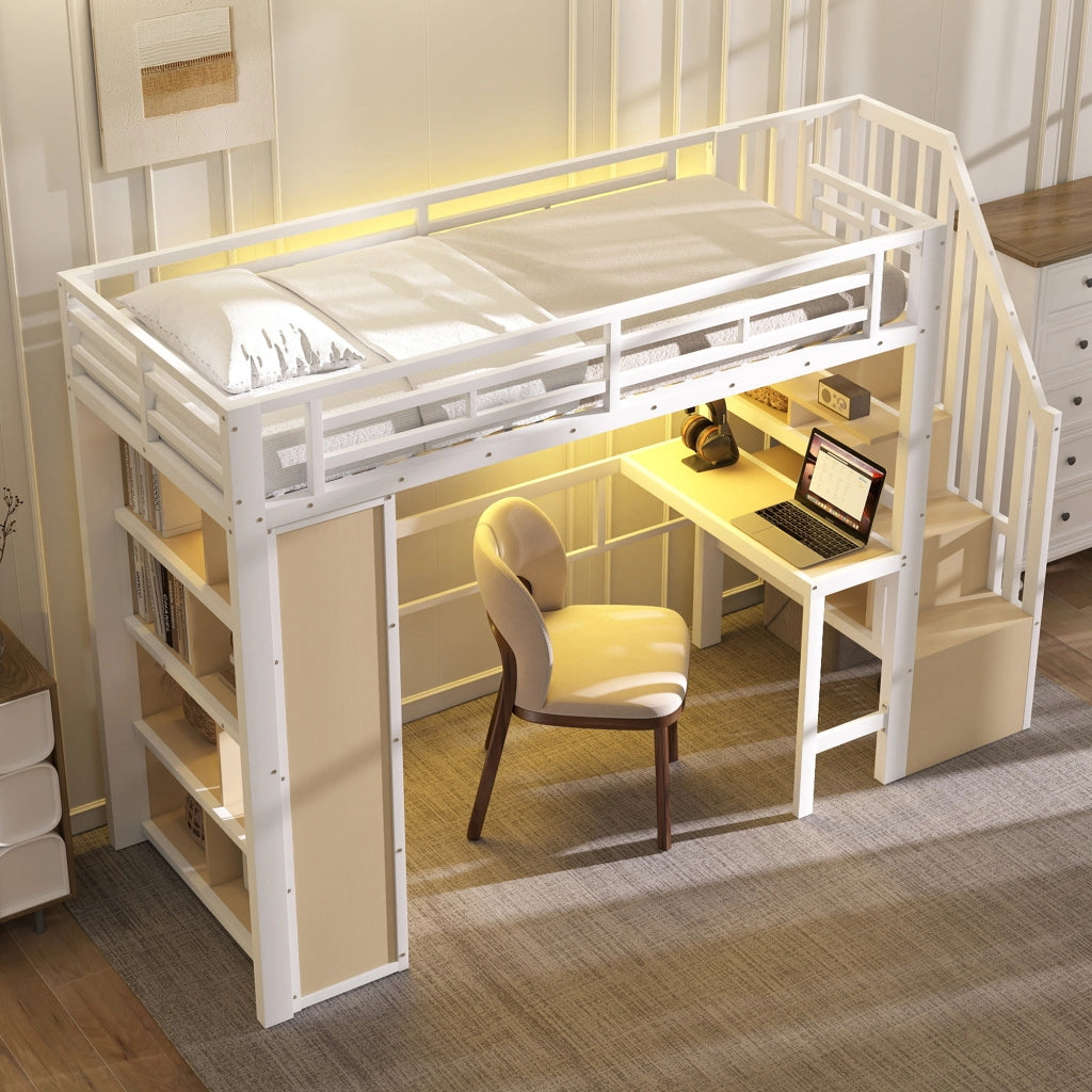 Letto a Soppalco 90x200 cm in Metallo con Scrivania; Scala Contenitore; LED; Scaffali; Bianco