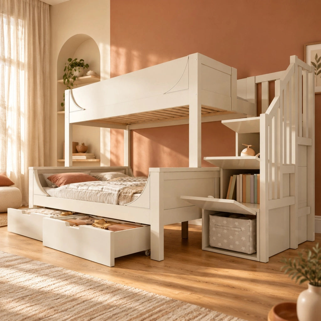 Letto a castello per bambini con armadio scala cassetti legno MDF e metallo bianco