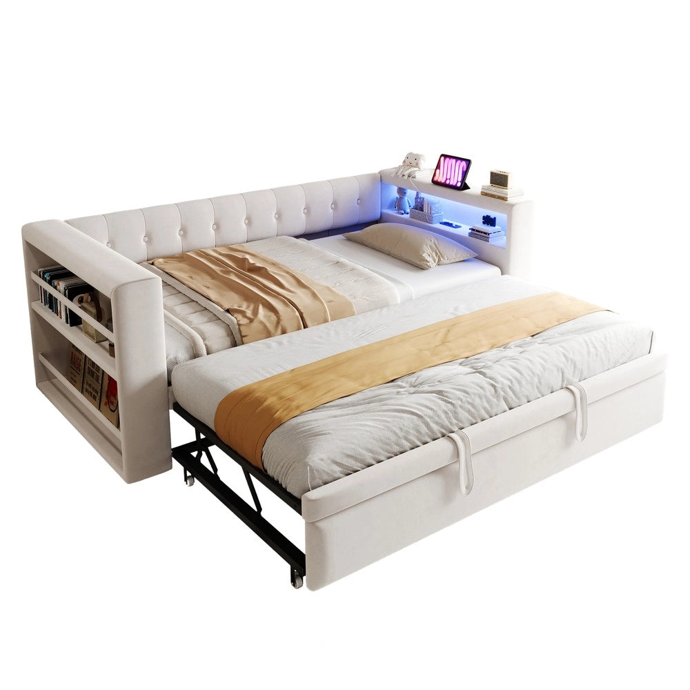 Letto imbottito 90x180x190 cm - Zephmum - LED, prese, ampio stoccaggio, beige