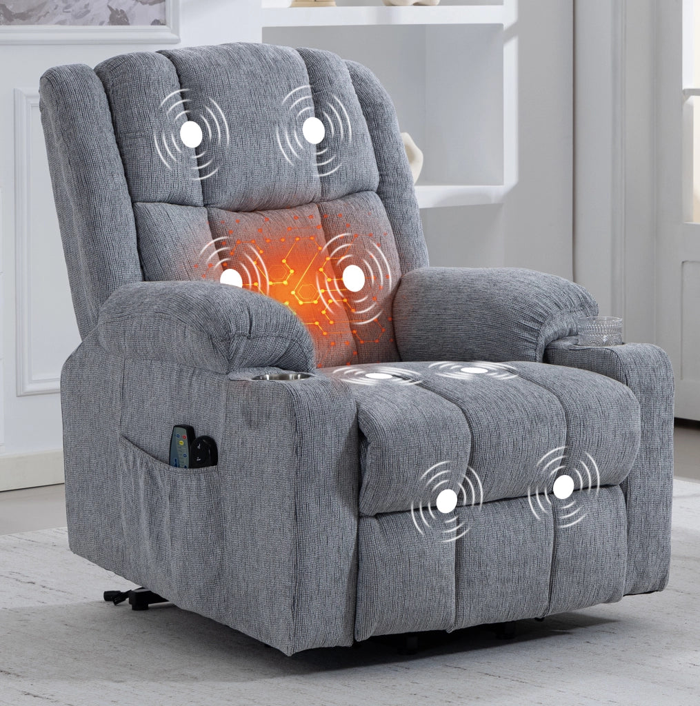 Poltrona Elettrica Relax con Funzione Alzapersone, Massaggio e Riscaldamento, Poggiapiedi, Tasche Laterali e Portabicchieri Grigio Chiaro
