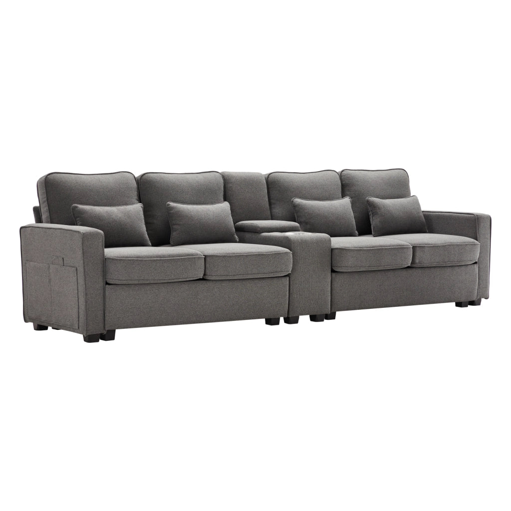 Divano 4 posti 290 cm con console, USB e portabevande in tessuto effetto lino grigio scuro
