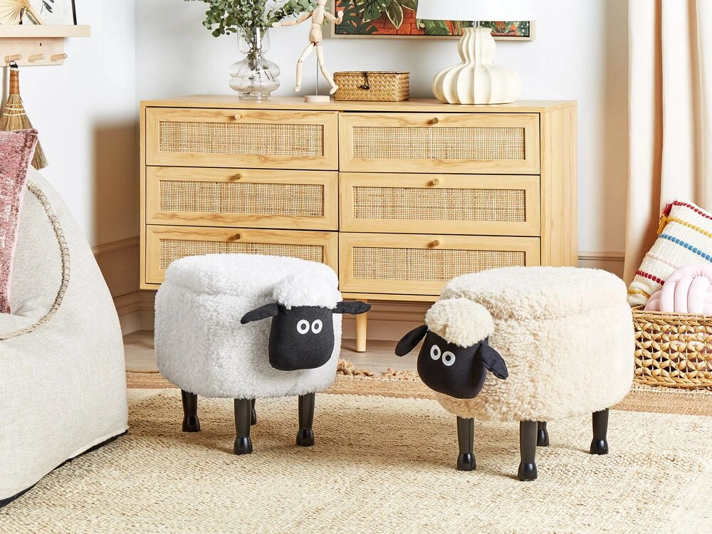 Pouf animaletto Sgabello per bambini Poggiapiedi in pelliccia sintetica bianco con gambe in legno portaoggetti Seggiolino per bambini