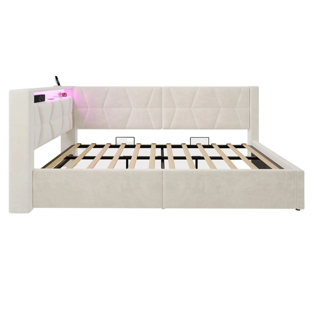 Letto singolo imbottito 90x200 cm con contenitore idraulico, LED, USB e USB-C in velluto beige