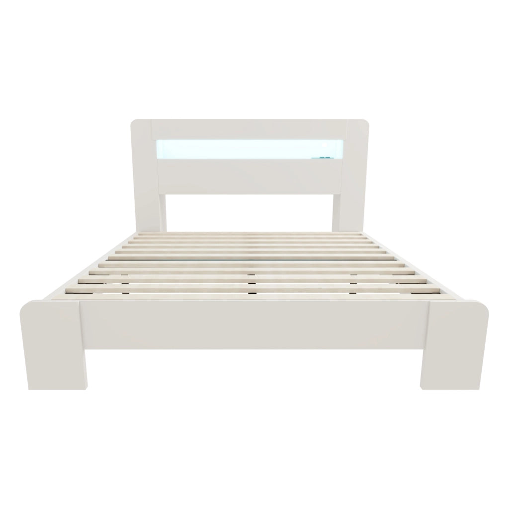 Struttura Letto in Legno Bianco 140x200 cm con Testiera Portaoggetti; LED e Prese Integrate