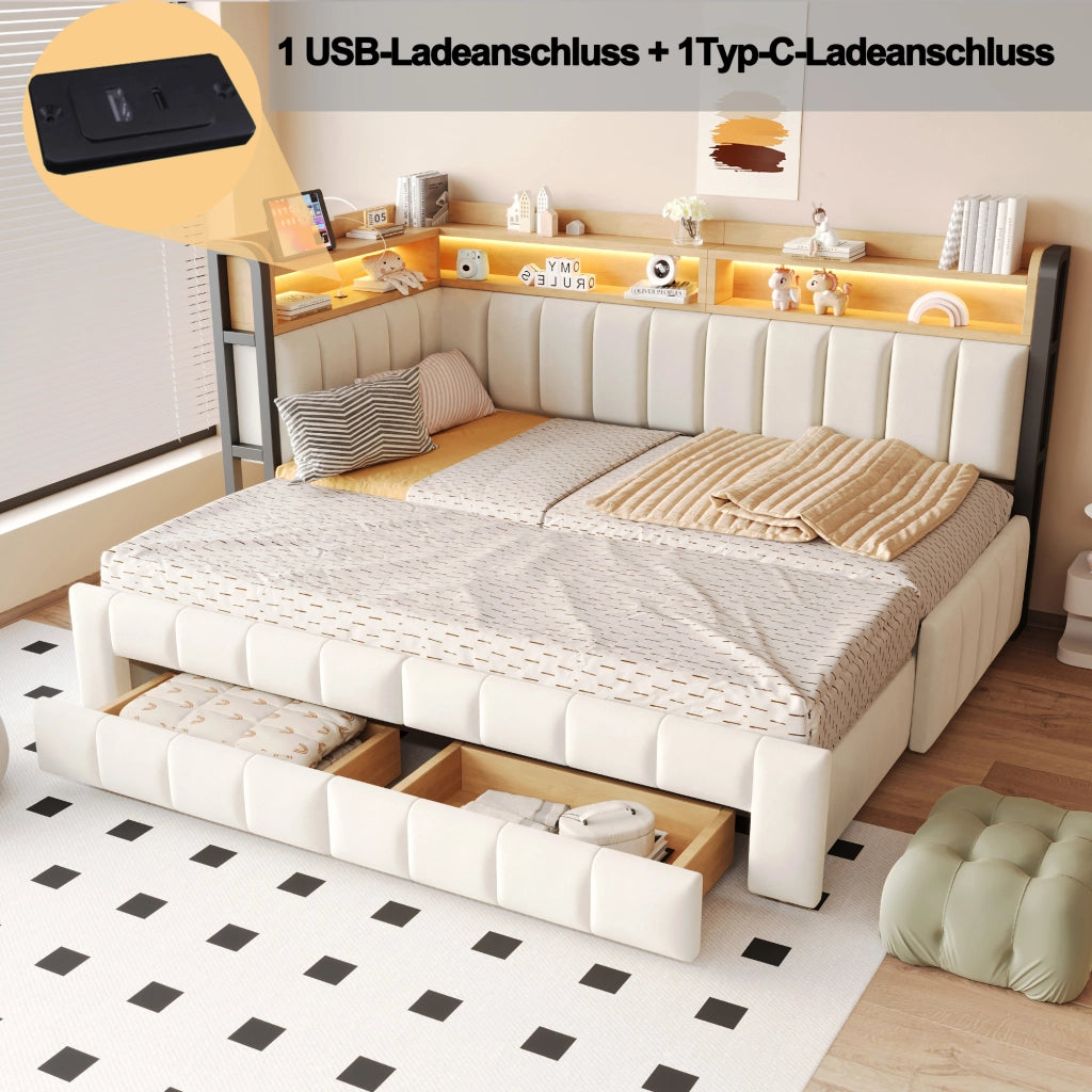 Divano letto 90x200 cm estraibile 180x200 cm con LED; USB e Type-C; cassetti; velluto beige
