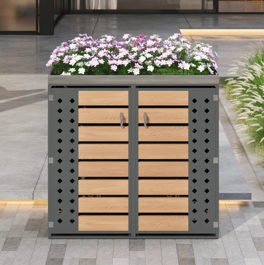 Cassonetto per Rifiuti in Acciaio Zincato con Doppio Scomparto, Finestre Rombiche Perforate e Vaso per Piante Integrato, Finitura Effetto Legno