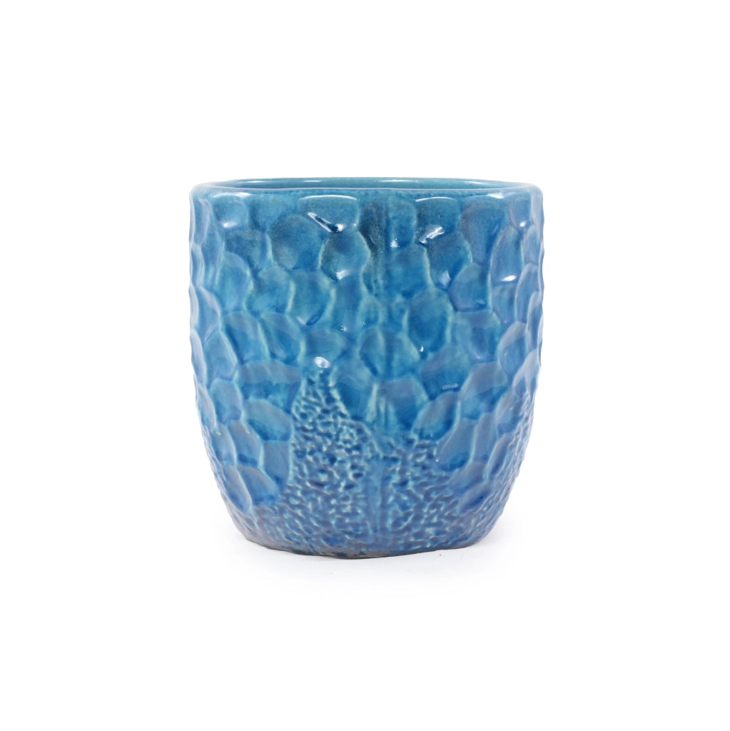 Vaso in ceramica artigianale ø38 cm, blu lucido con rilievo martellato e foro di drenaggio, resistente al gelo