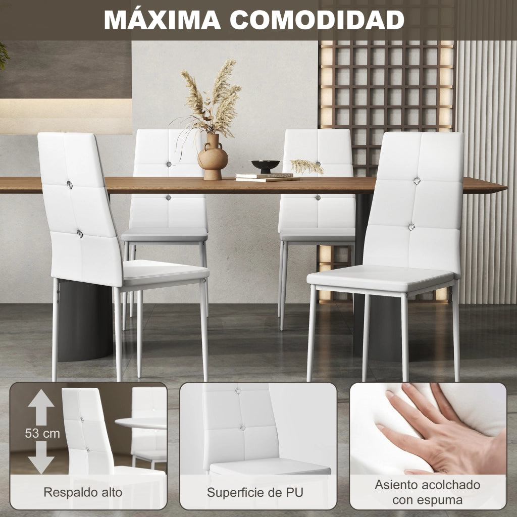 Set di 6 Sedie da Pranzo Imbottite ¨C Minimal ¨C Schienale Alto con Bottoni, Patte in Metallo, Colore Bianco