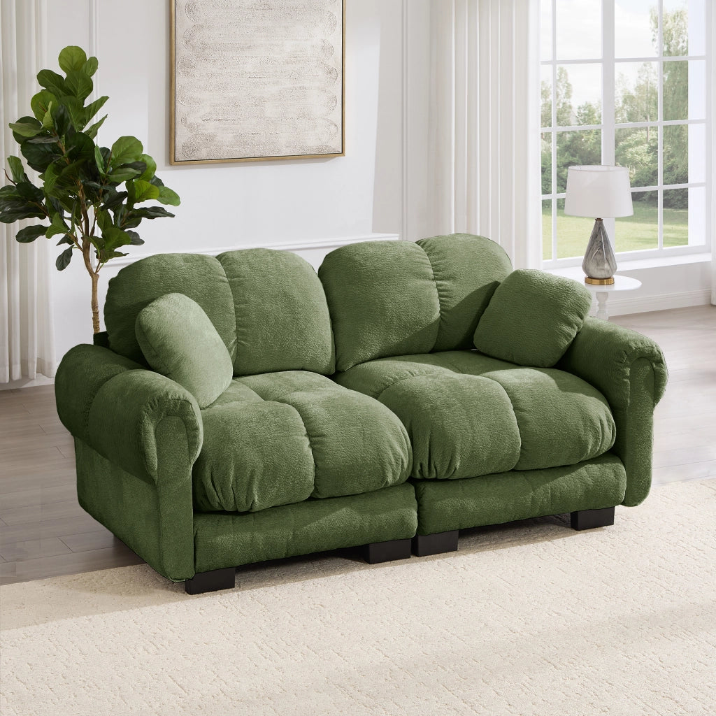 Divano 2 posti modulare 190x86x90 cm con cuscini trapuntati e schienale curvo in ciniglia verde