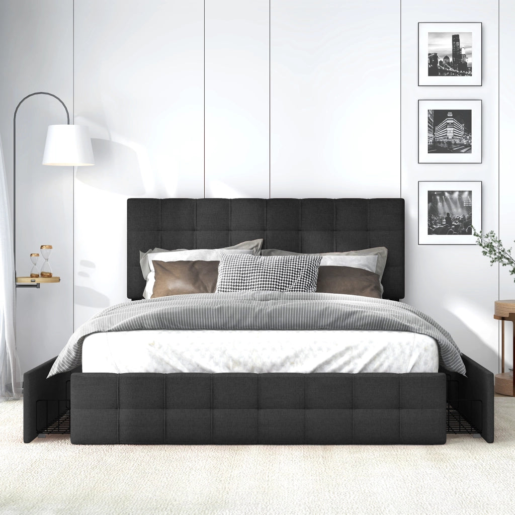 Letto matrimoniale imbottito 140 × 200 cm con 4 cassetti testiera regolabile in lino nero e rete in acciaio