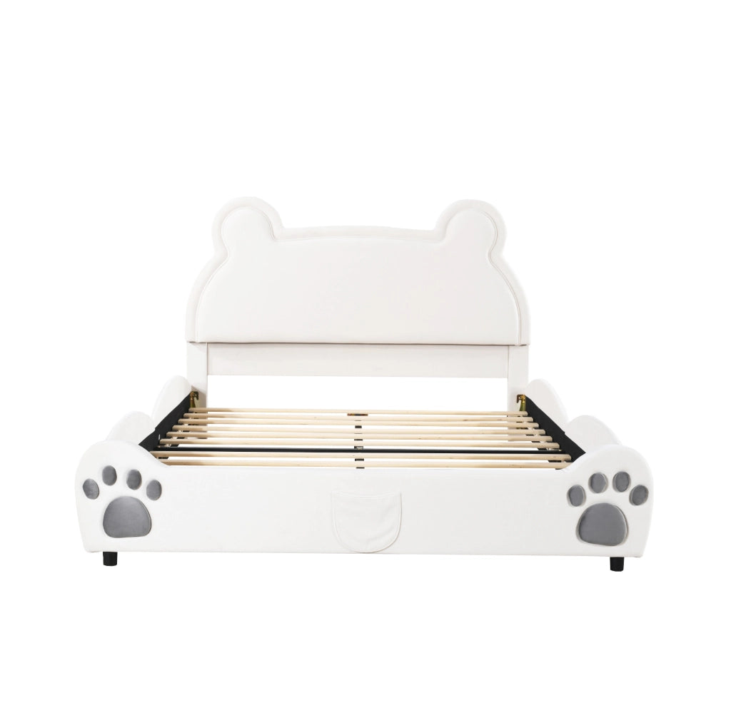 Letto imbottito per bambini 140x200 cm a forma di orso in velluto bianco