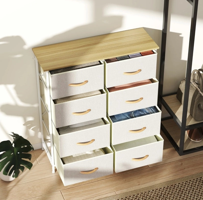 Comò con 8 cassetti in tessuto, struttura in acciaio e 4 tasche laterali beige, 86x30x94,5 cm