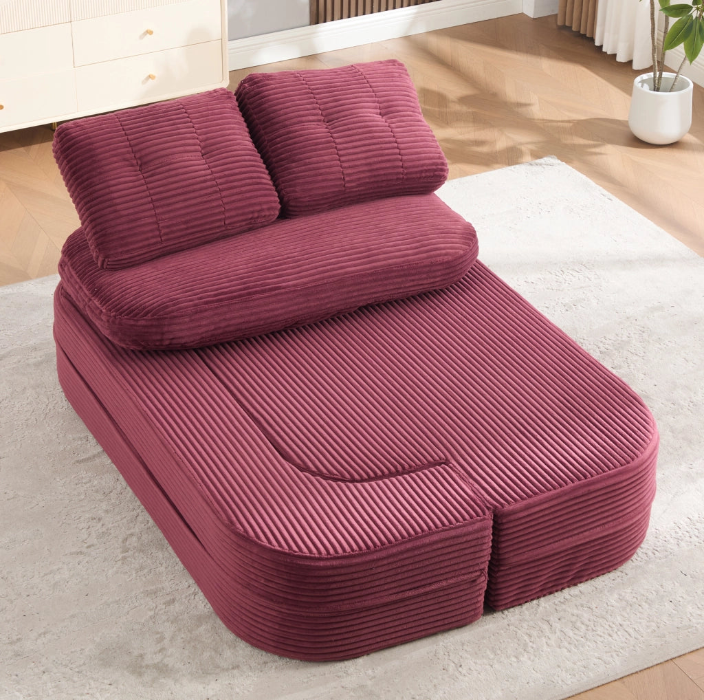 Poltrona letto 2-in-1 in velluto a coste, divano convertibile con braccioli regolabili e doppio porta bevande, colore vino
