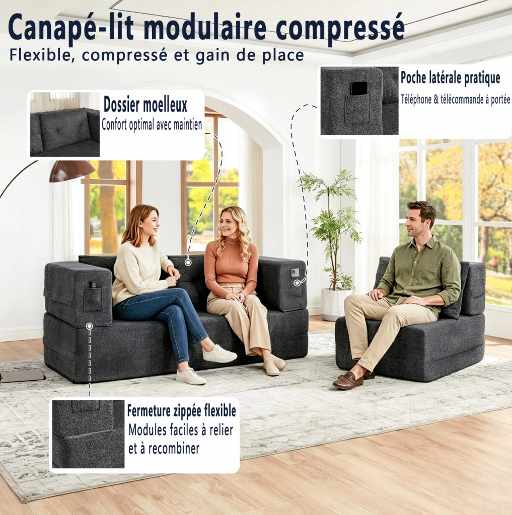 Divano Modulare 2 posti con Poltrona Trasformabile in Letto, Memory Foam, Tessuto Grigio Chiaro, con Tasche Laterali