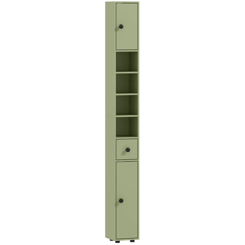 Mobile bagno stretto verde con cassetto e 4 ripiani aperti 20x20x180 cm