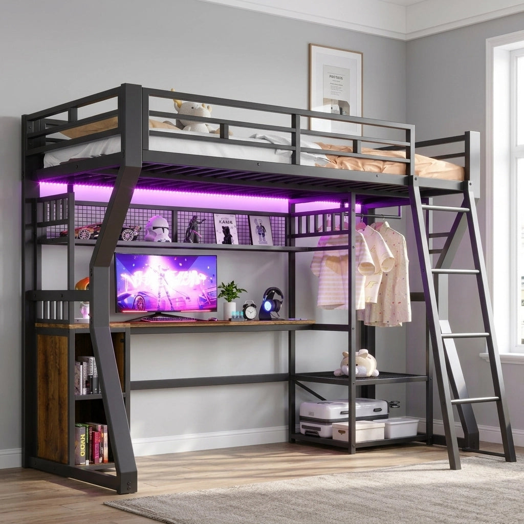 Letto a soppalco 90x200 cm con scrivania; LED; presa e appendiabiti nero HOMVRA