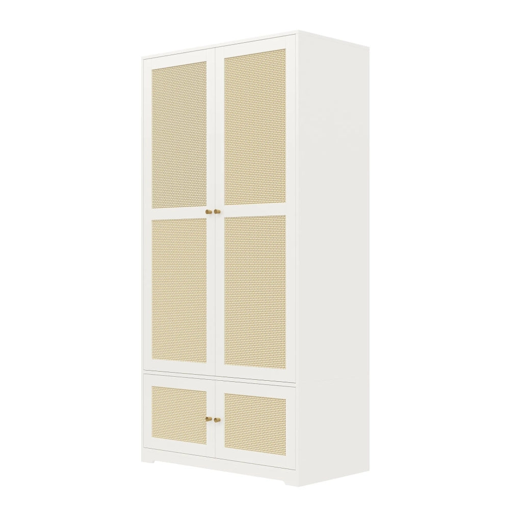 Armadio 2 ante in rattan e MDF, fronte laccato bianco, con appendiabiti e ripiani, 90x48x180 cm