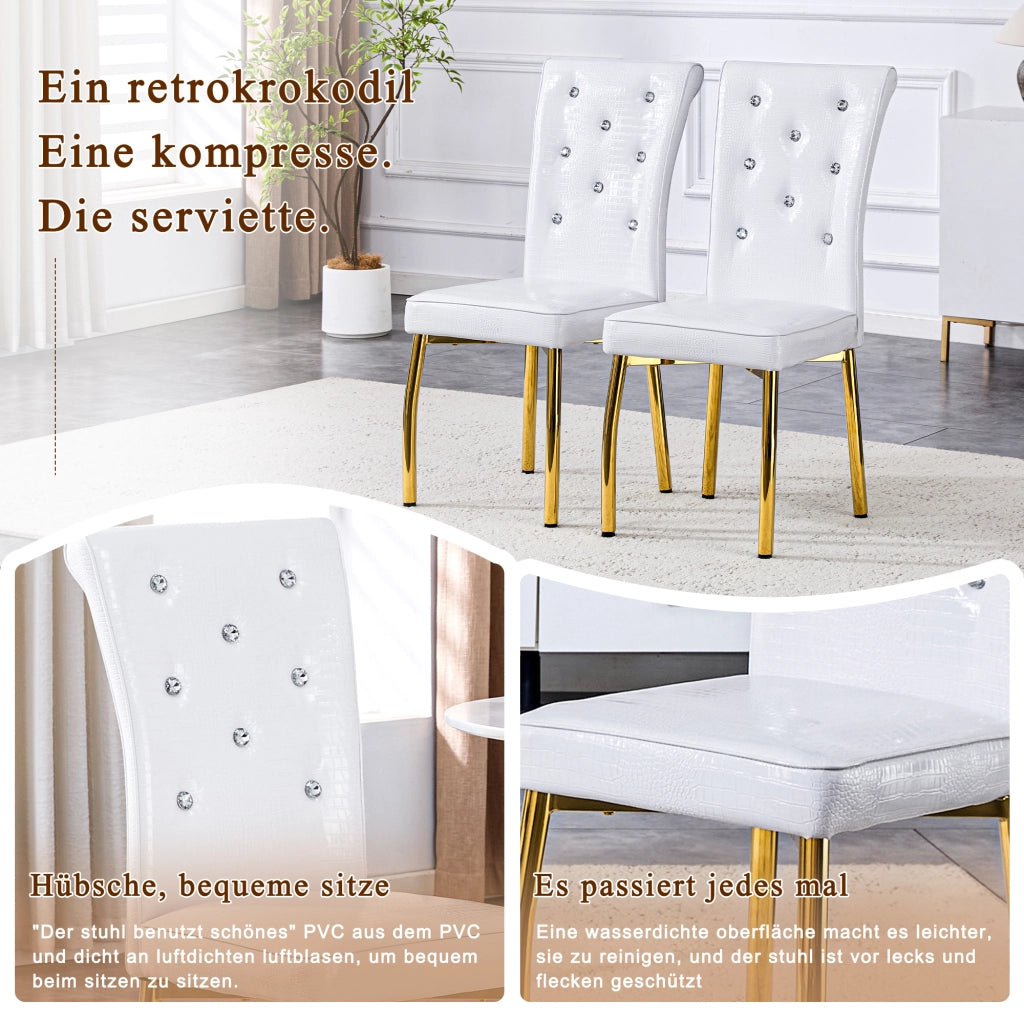 Sedia da pranzo set di 2 con dettagli in cristallo seduta imbottita e gambe metalliche dorate in PVC bianco oro