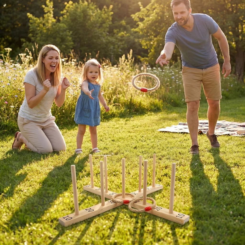Gioco lancio anelli legno bambini adulti corda rigida interni/esterni, Giochi lancio anello numeri chiari campeggio festa