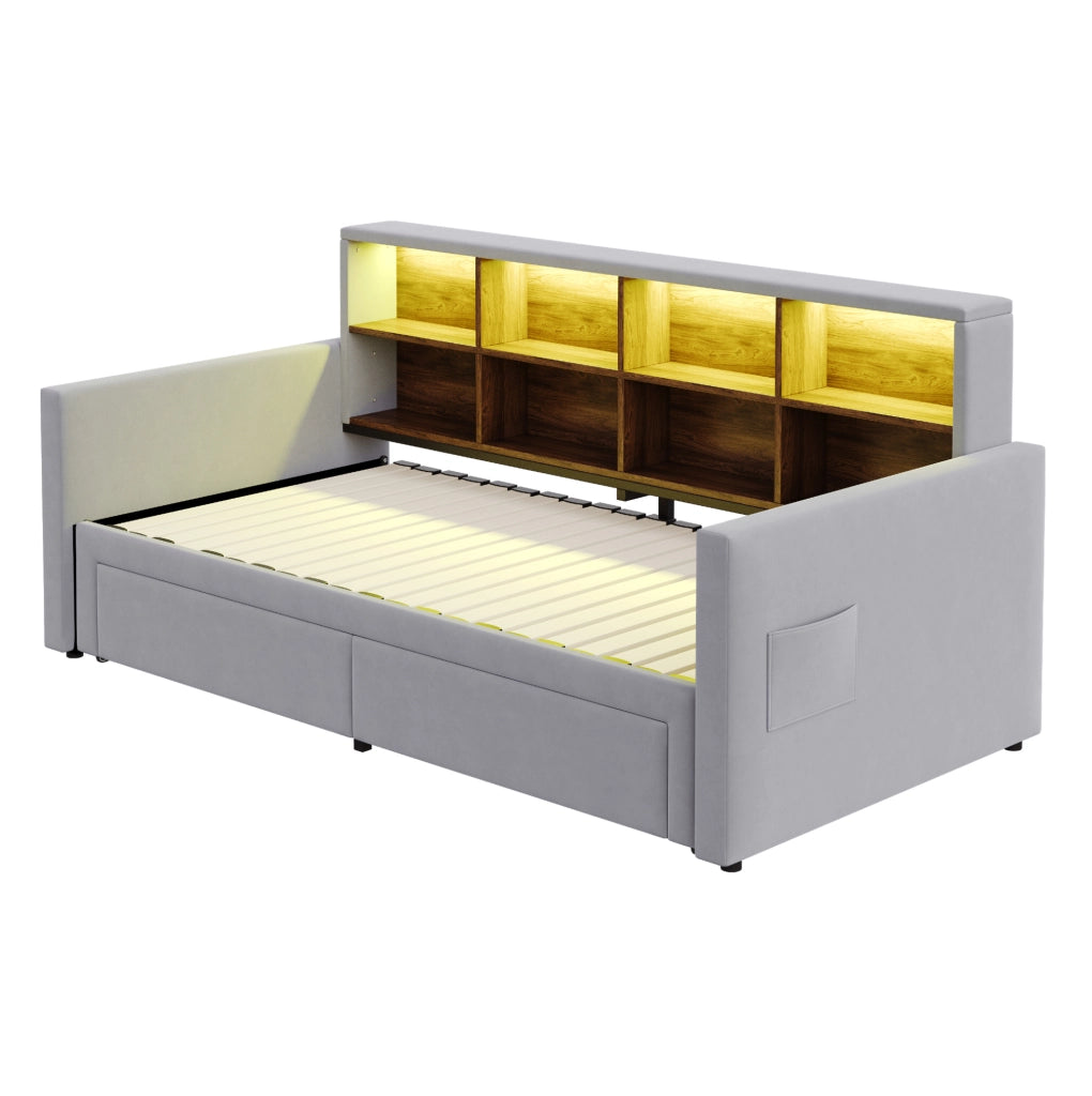 Divano letto imbottito estensibile con contenitore e luce LED