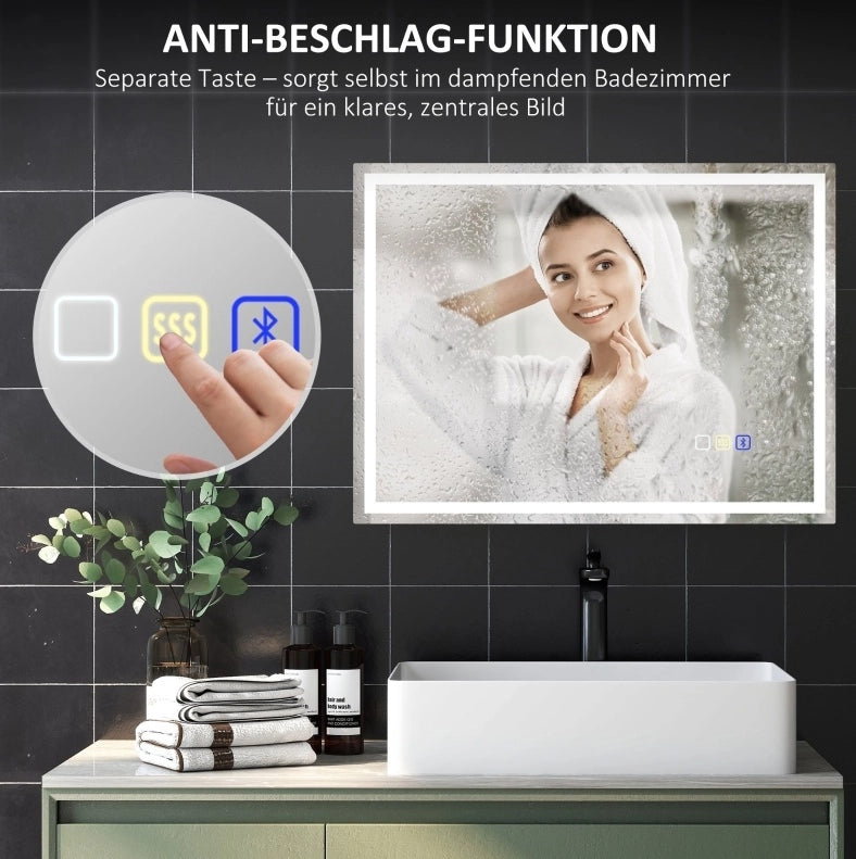 Specchio LED da bagno Bluetooth con orologio e funzione antiappannamento