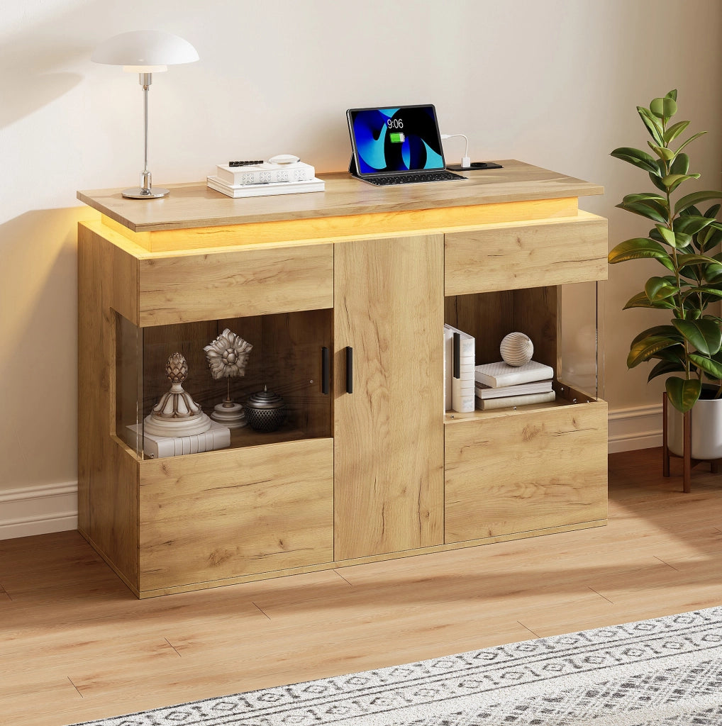 Buffet con illuminazione LED, prese USB e Type-C, anta in vetro e finitura effetto legno, 120x40x79,5 cm