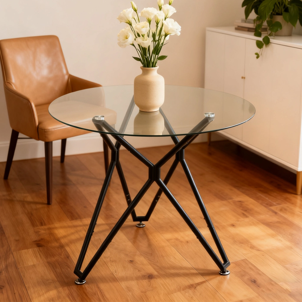 Tavolo da pranzo rotondo 90 cm in vetro temperato con gambe in metallo nero, adatto per 1-4 persone